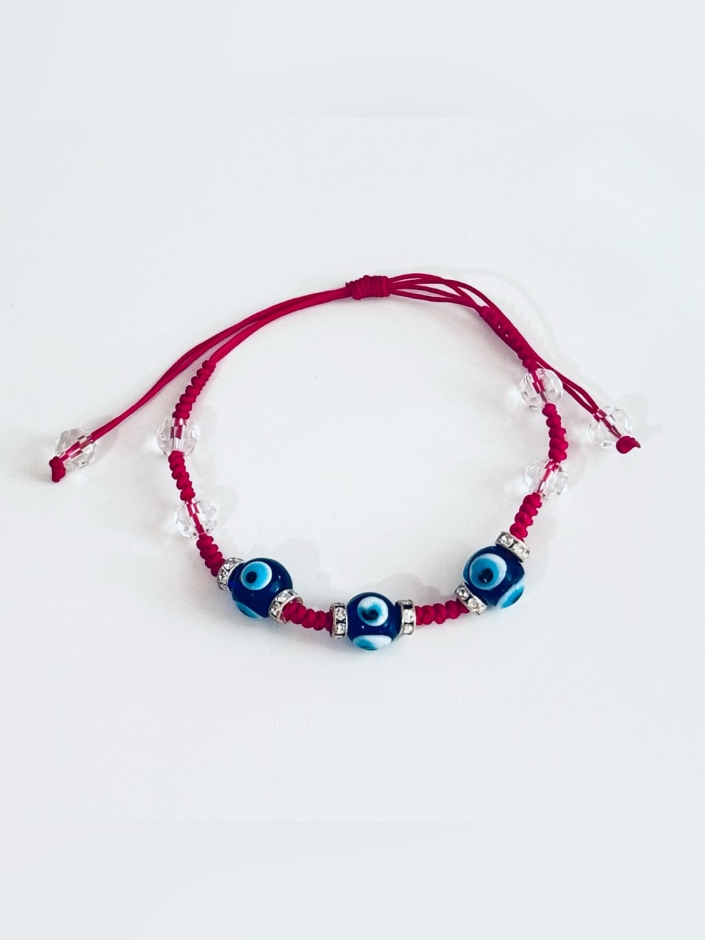 Pink Evil Eye Beaded Cord Bracelet Adjustable with Clear Stones